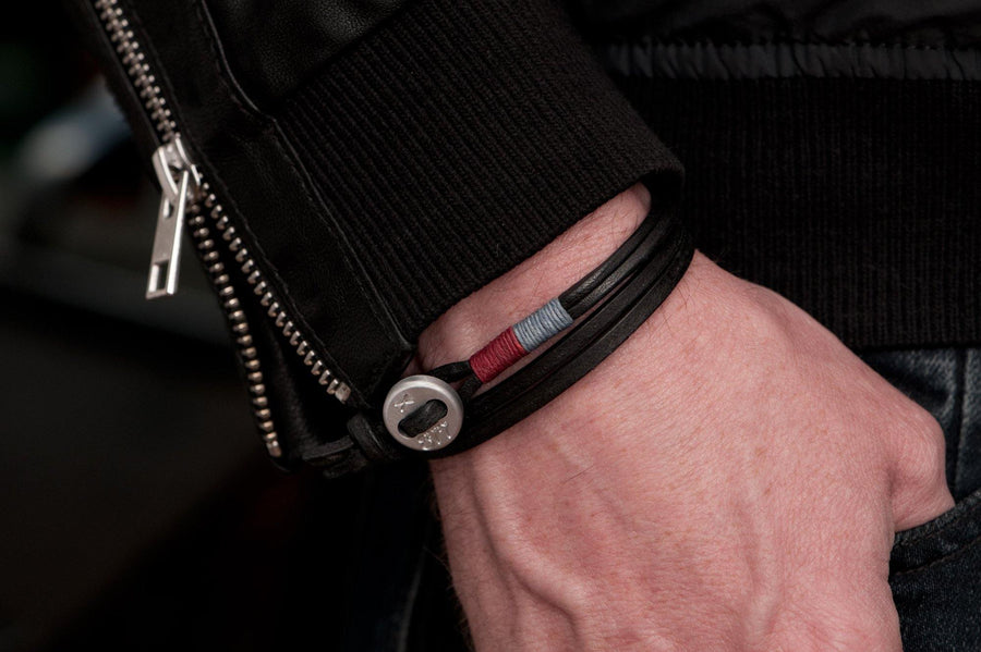 #171 - Men’s bracelet button black leather yellow gray - 877 Workshop