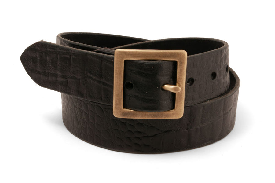 #258 - Men's leather belt Army black Crocodile-embossed
