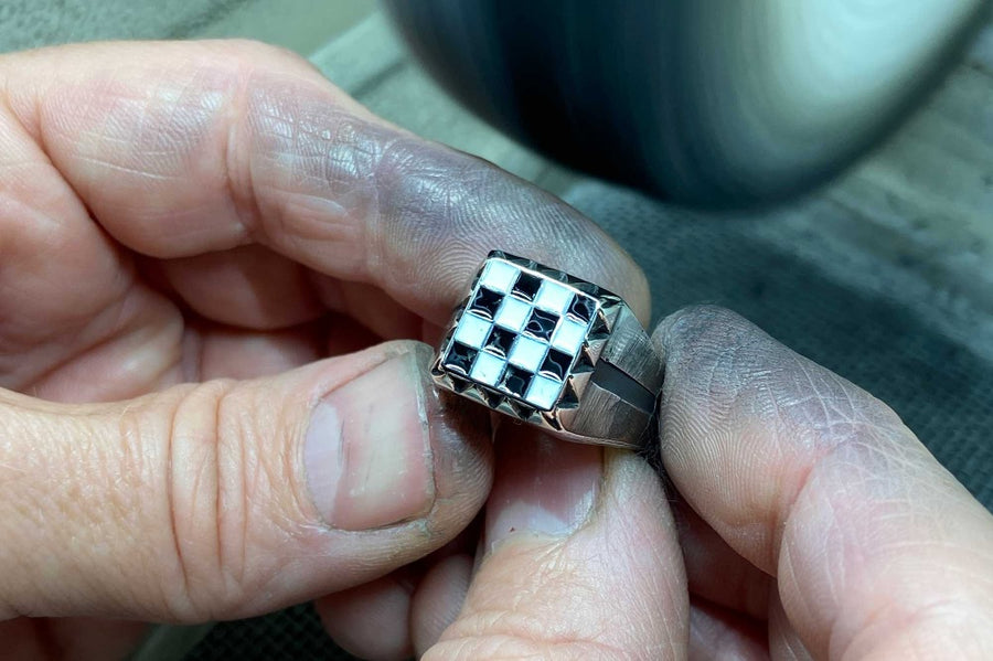 #034 - Signet Ring Enamel Checkerboard