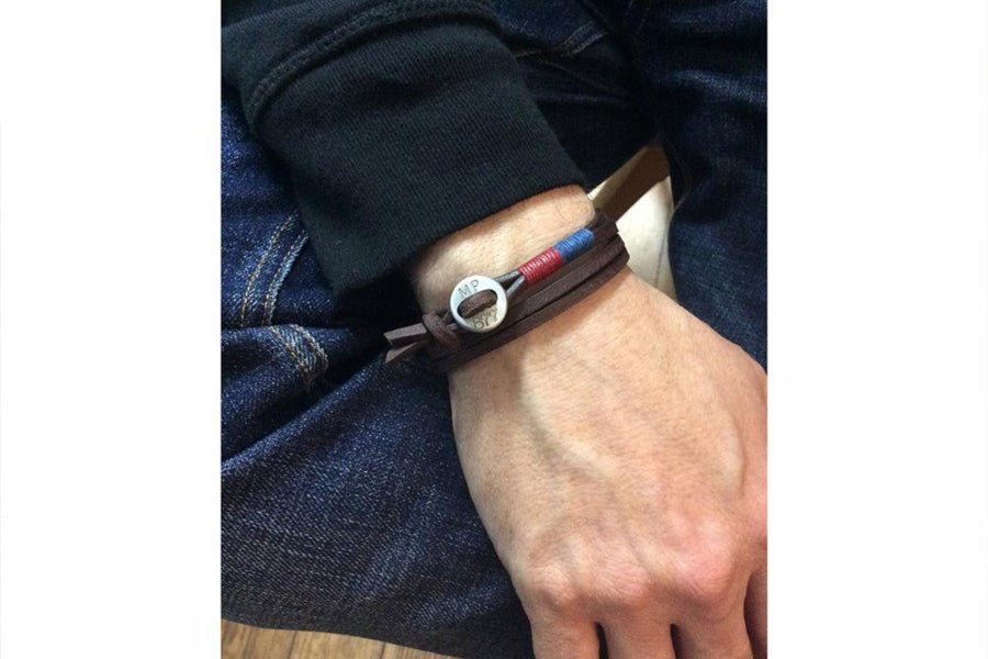 #169 - Men’s bracelet button brown leather red blue - 877 Workshop