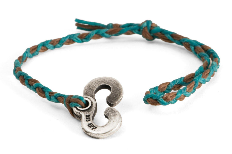 #137 - Men’s bracelet Canvas Sterling Silver Double Hook turquoise brown - 877 Workshop