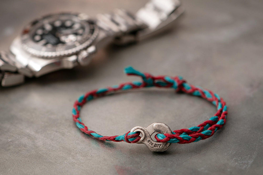 #136 - Men’s bracelet Canvas Sterling Silver Double Hook red turquoise - 877 Workshop