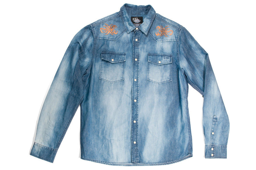#193 - Men's denim shirt with embroidery “Scorpio“ – one of one