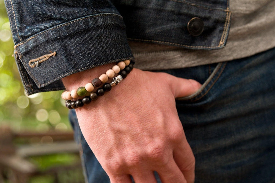 #165 - Men’s beaded bracelet Sterling Silver Skull tigerwood - 877 Workshop