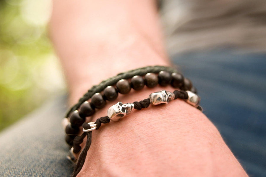 #166 - Men’s bracelet Canvas Sterling Silver Skull black - 877 Workshop